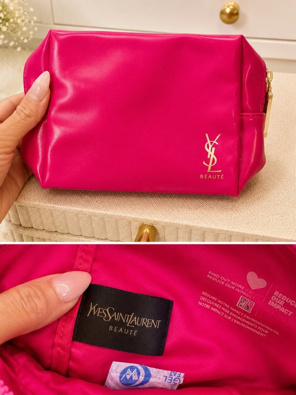 Yves Saint Laurent Bright Fuchsia Cosmetic Pouch with Gold YSL Logo